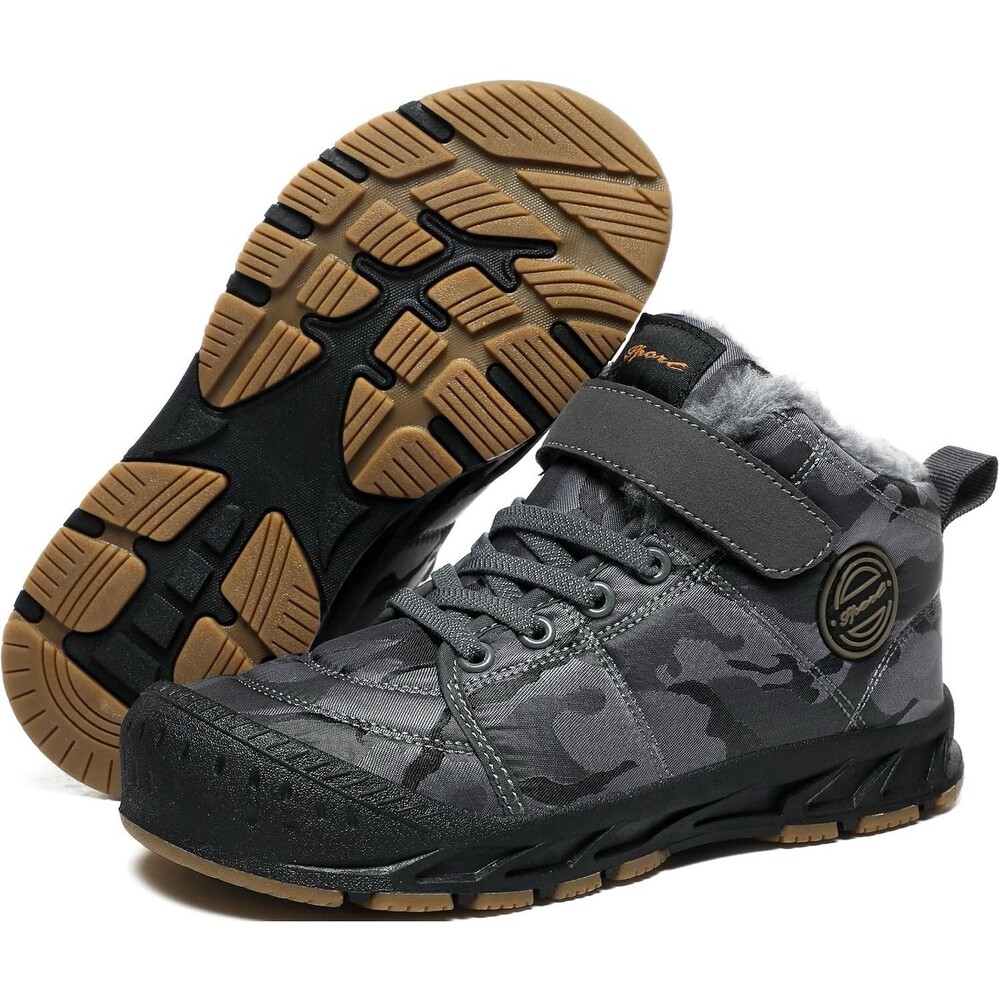 Boys Girls Snow Boots Winter Slip On Gray Camo 39  Warm Fur Lined Shoes Light
